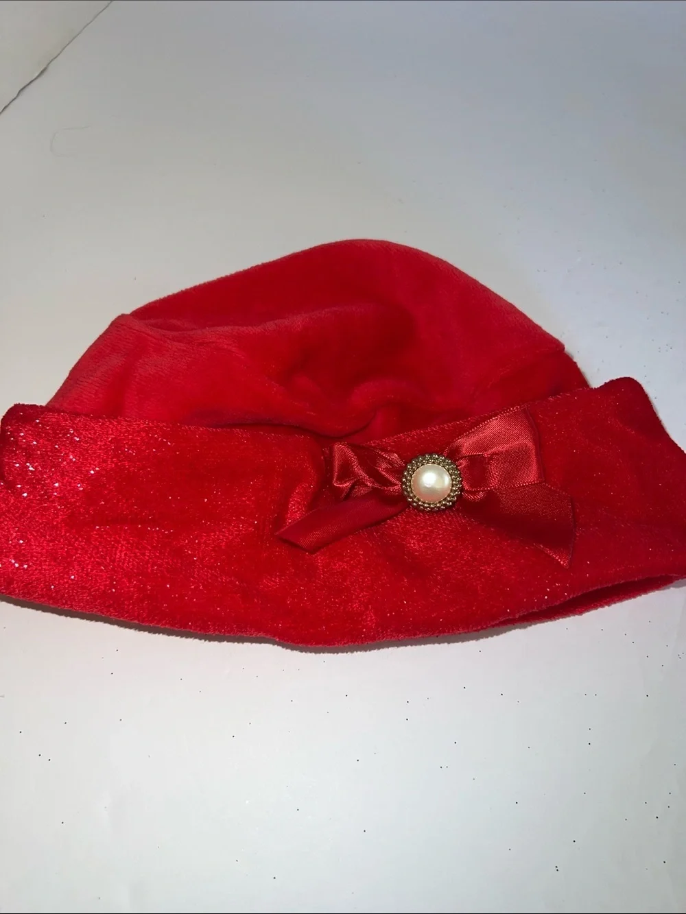 Kids Red Velvet Bow Accent Hat with Pearl Button​